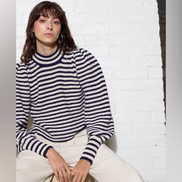 Eleven Six Women's Small Mia Striped Knit Sweater Puff Sleeve 100% Baby Alpaca - Picture 1 of 15